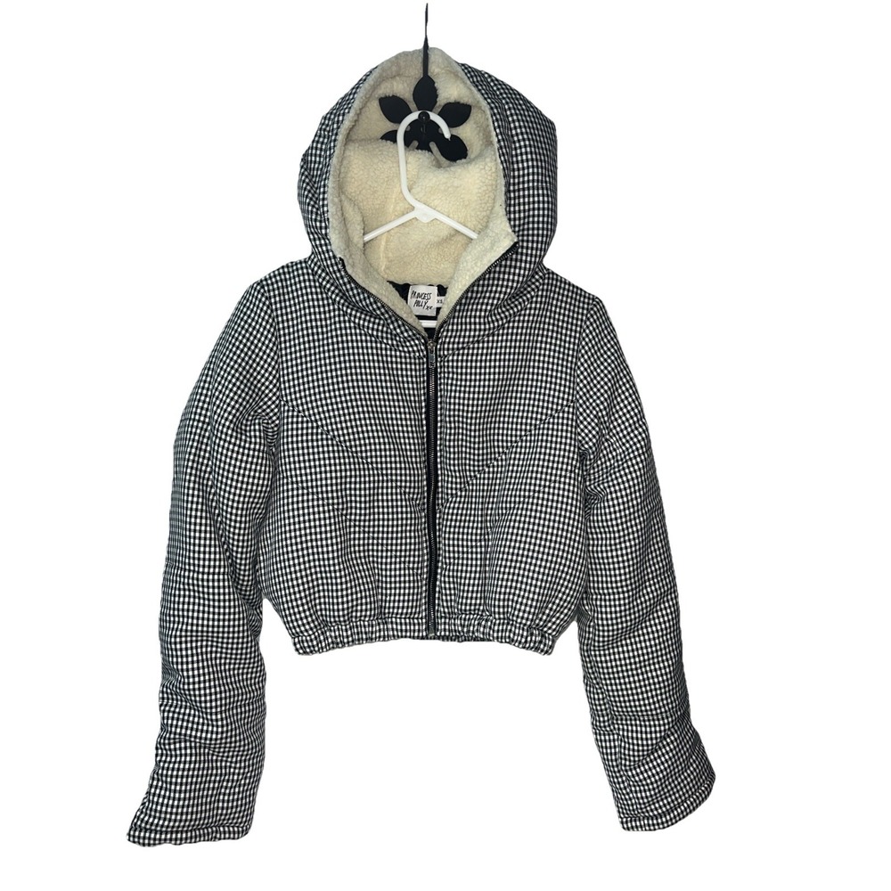 PRINCESS POLLY The Kier Black White Check‎ Puffer Jacket Sherpa Hood Sz XS/S